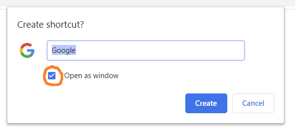 chrome add shortcut as window